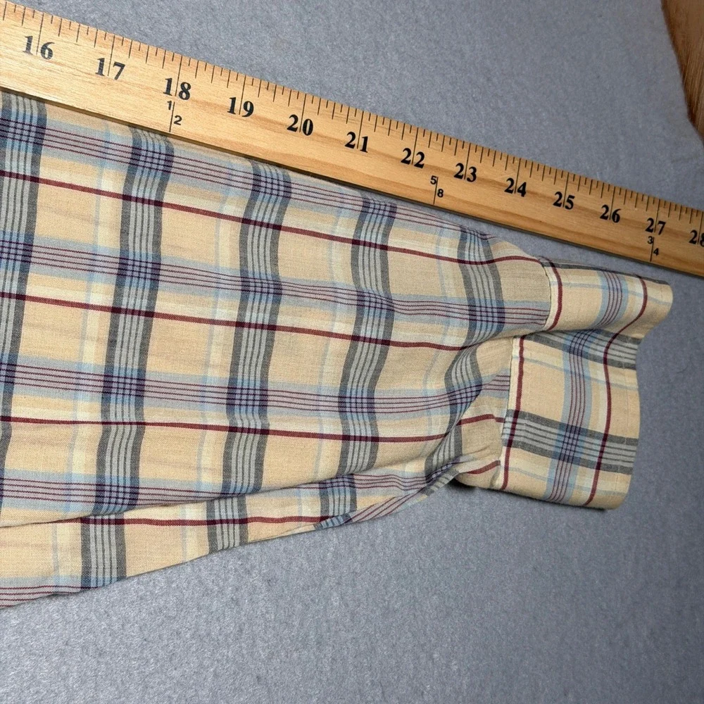Levis Vintage Western Pearl Snap Shirt Mens XL Tall Plaid Tan Blue Red Korea